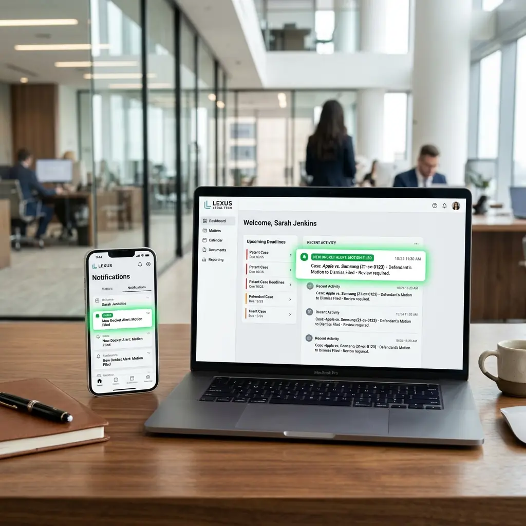 LexRadar dashboard and phone delivering instant docket alerts